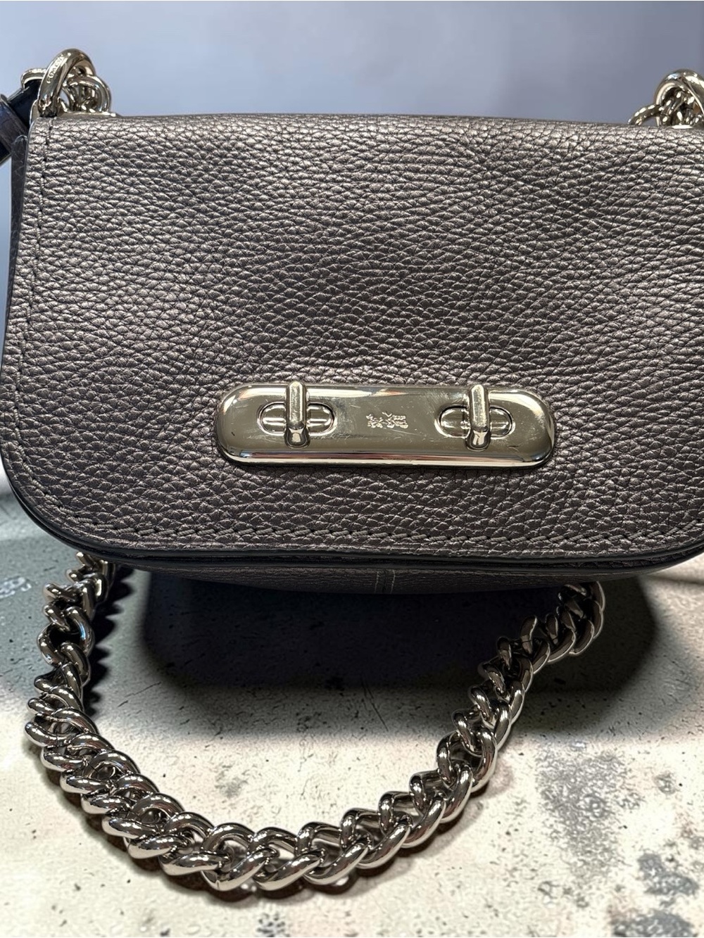 Coach Metallic Pebbled Leather Chain Crossbody in Gunmetal